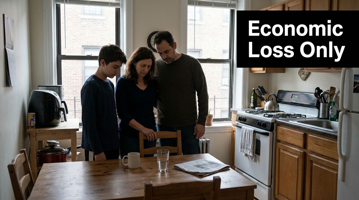 A somber family of three standing together in a kitchen, reflecting on their economic loss.