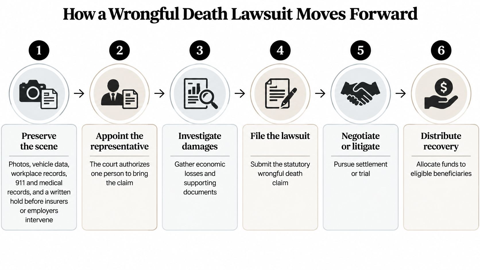 A six-step infographic illustrating the sequential process of how a wrongful death lawsuit moves forward.